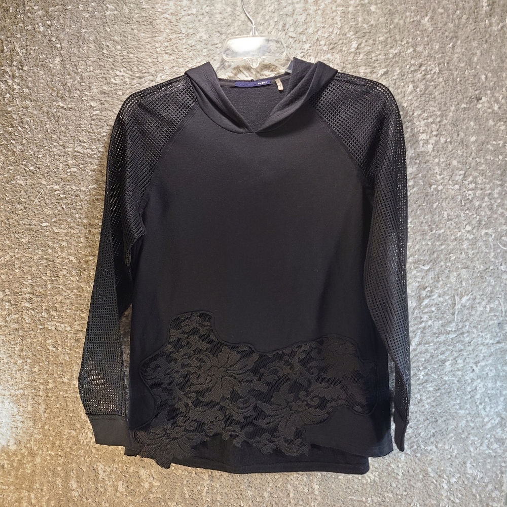 Elie Tahari Sport Harper Mesh Trim Hoodie Sweater Top Medium Polyester Rayon